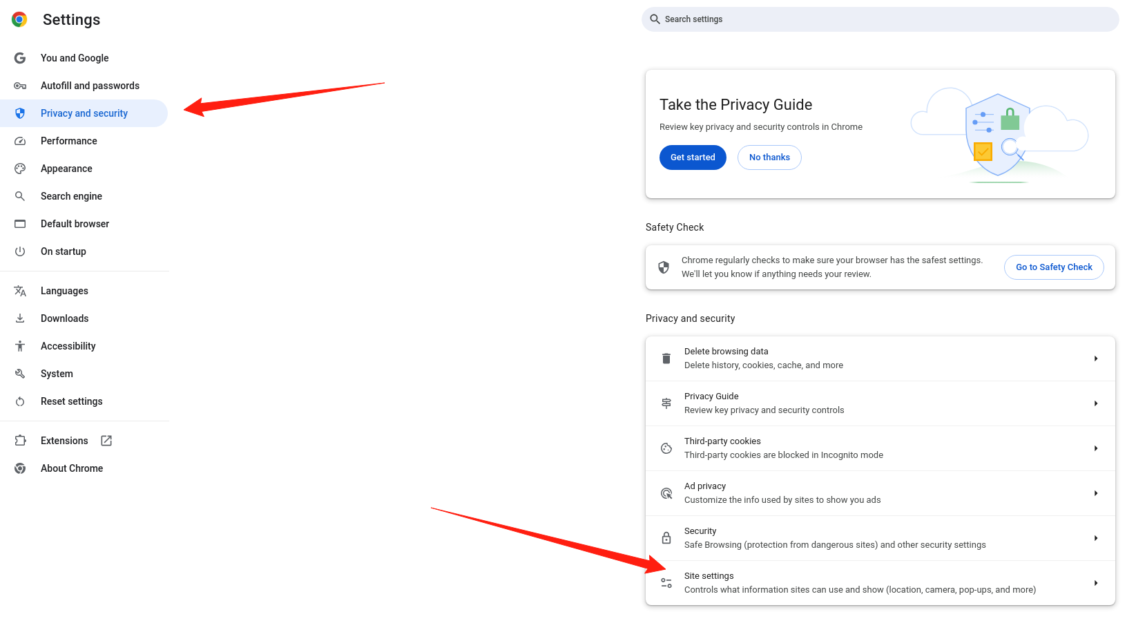 Select Options and Site Settings